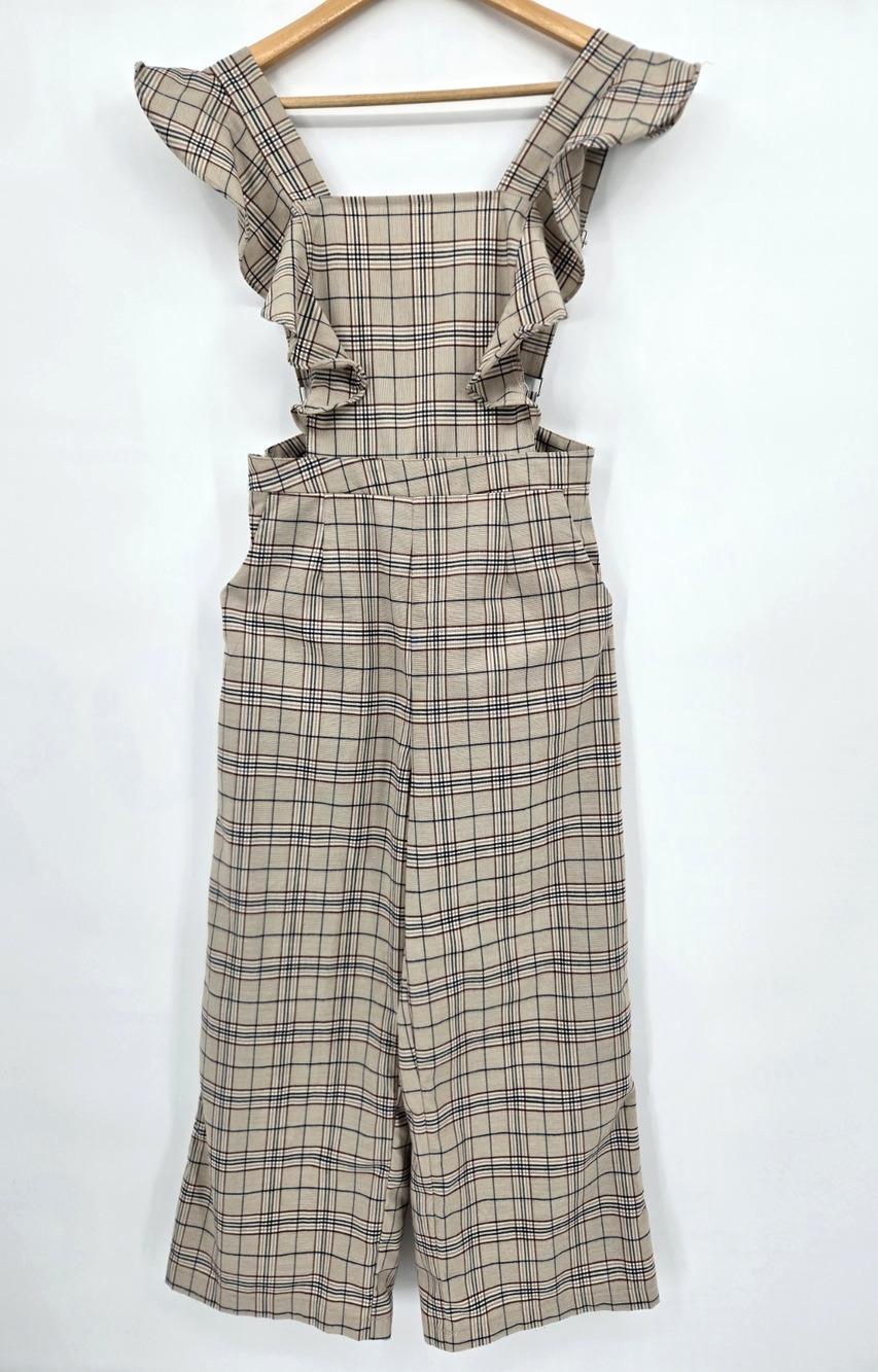 Umgee Sleeveless Plaid Wide Leg Ruffle Boho Jumpsuit Cottagecore Academia Size S